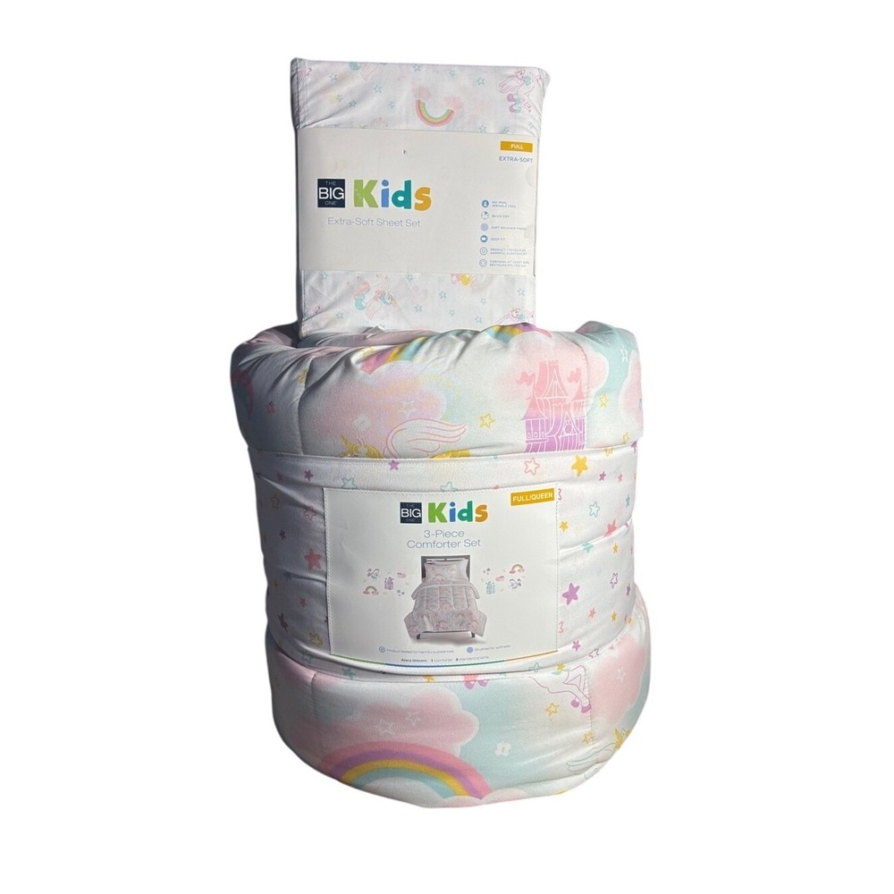 Big One Kids Full Queen 3 Pc Unicorn Rainbow Comforter & Full Sheet Set GIFT NEW